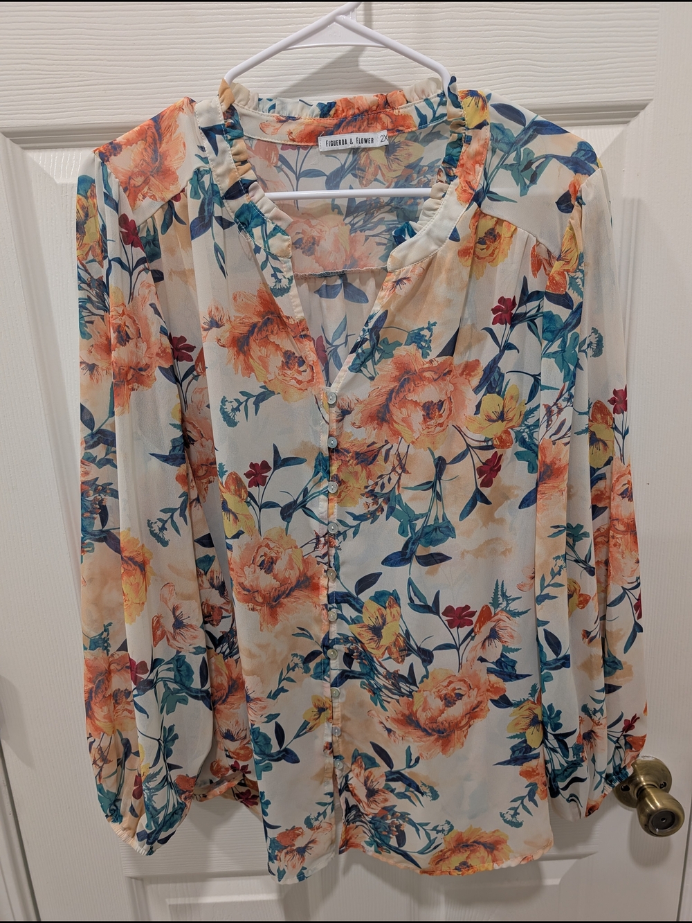 Floral Button-Front Blouse - Cream with Orange & Blue Floral